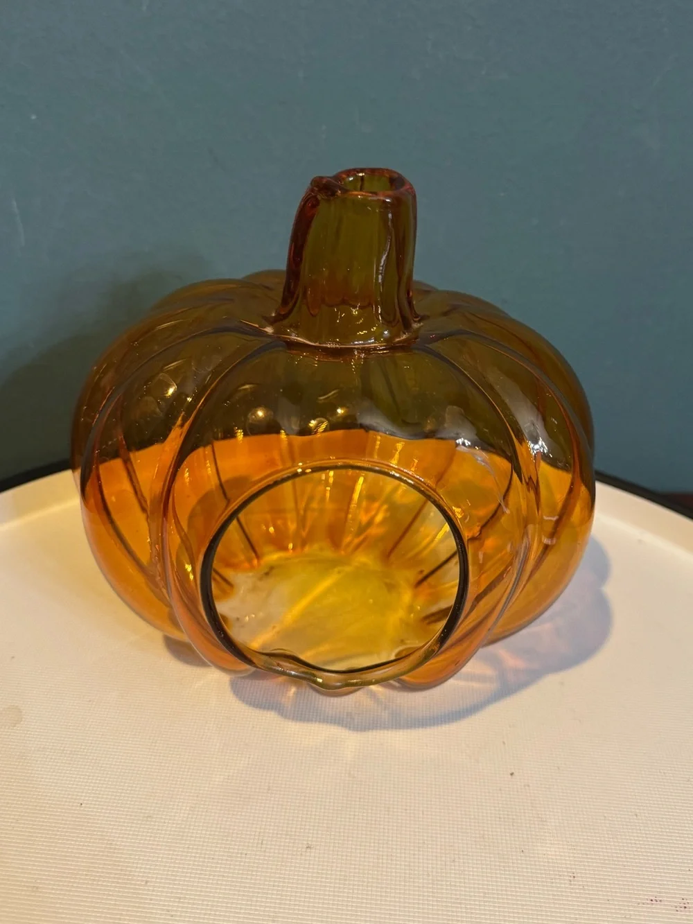 Orange Amber Glass Pumpkin Candle Holder with Stem Chimney 6.5” tall